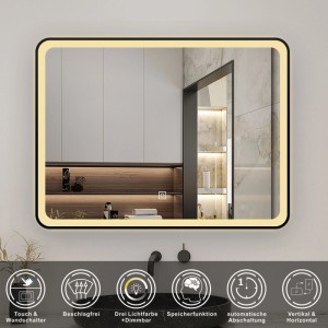 Schwarzer Aica Badspiegel 80x60 cm mit LED-Beleuchtung und Touch-Funktion.