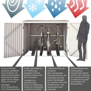 Graue Hattoro Fahrradgarage aus Metall für 4 Fahrräder, abschließbar und wetterfest.