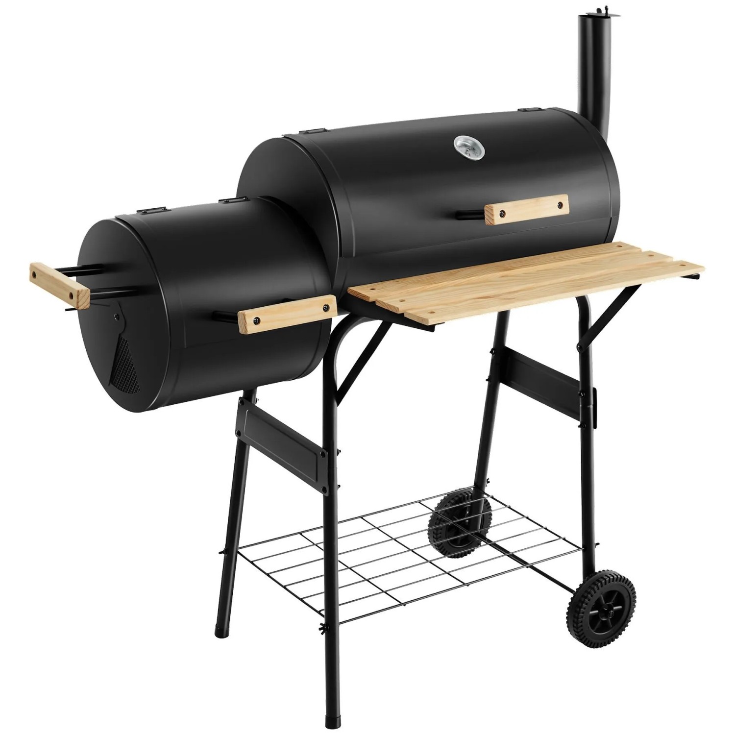 Tectake Holzkohlegrill  2 In 1  Zum Grillen und Räuchern  Mit 2 Rädern 2 Separate Kammern  Regulierbare Luftzufuhr  110 x 60 x 116 cm Schwarz