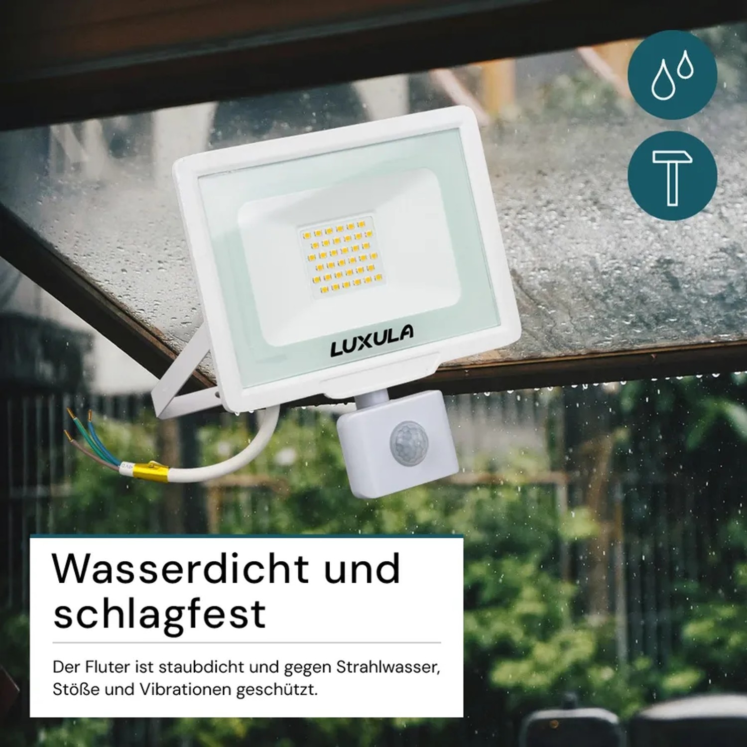 LUXULA LED Strahler mit Bewegungsmelder, 30W, warmweiß, IP65, weiß.