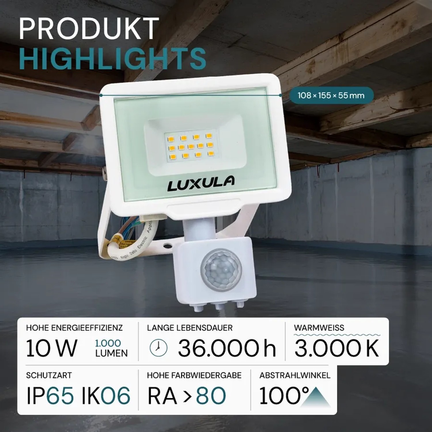 LUXULA LED Strahler 10W mit Bewegungsmelder, warmweiß, IP65, weißes Slim Design für Außen.