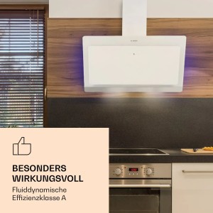 Weiße Klarstein Aurora Eco 90 Dunstabzugshaube mit Glasfront und blauem Ambientelicht in moderner Küche.