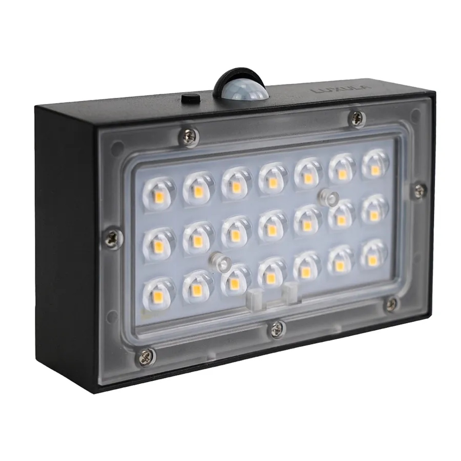 Schwarze LUXULA Solar Wandleuchte mit Bewegungsmelder und warmweißem Licht.