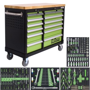 TRUTZHOLM Werkstattwagen DELUXE mit 12 Schubladen, bestückt mit Werkzeug und massiver Arbeitsplatte.