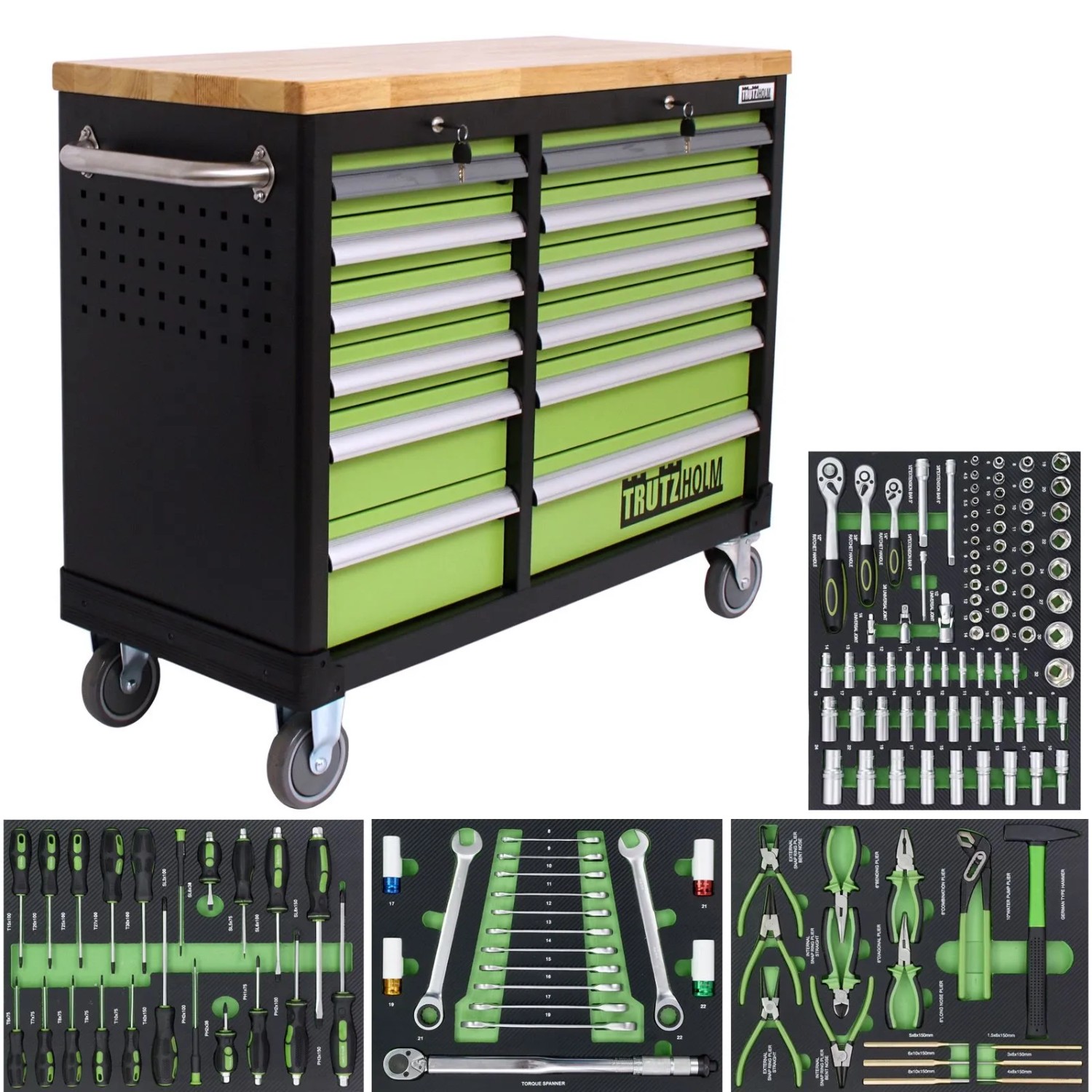 TRUTZHOLM Werkstattwagen DELUXE 12 Schubladen Bestückt 92x123 cm Mit Massiver Arbeitsplatte