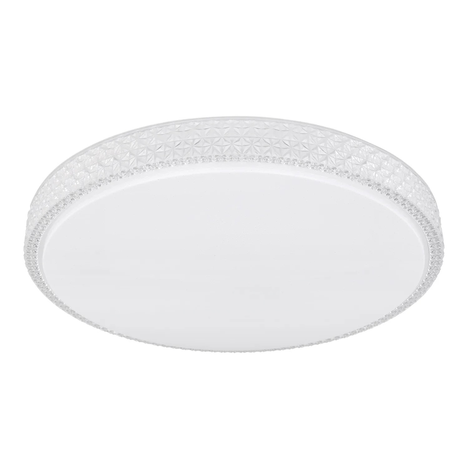 Weiße, runde Globo LED-Deckenleuchte Ovi, Ø 60 cm, mit dekorativem Rand und Funkel-Effekt.