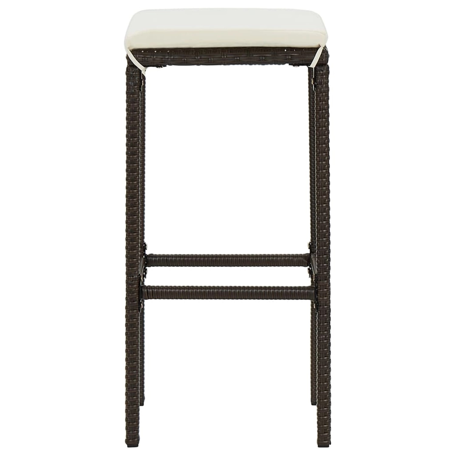 Barhocker aus braunem Rattan mit cremefarbenem Kissen, Teil des vidaXL Gartenbar-Sets.