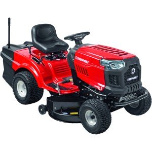 Roter Troy-Bilt Rasentraktor Horse 105T-R mit Heckauswurf und Grasfangkorb.