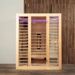 Redsun Deluxe Infrarotkabine aus Tannenholz, naturbelassen, Größe L, mit Glasfront und Innenleben.
