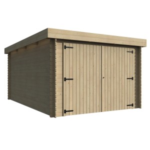Unbehandelte Holzgarage Galan von Decor et Jardin mit Doppeltür und Flachdach.