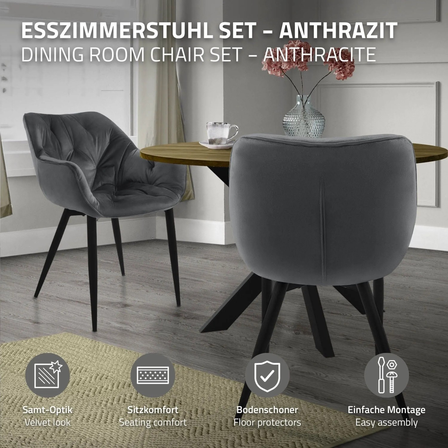 ML-Design Esszimmerstühle Anthrazit: Set aus gepolsterten Samtstühlen mit schwarzen Metallbeinen am Holztisch.