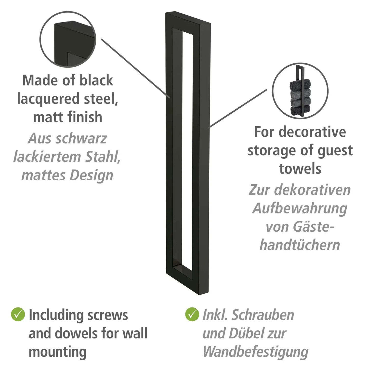 Wenko Reitani Handtuchhalter, schwarz matt, aus lackiertem Stahl für Bad und Gäste-WC.