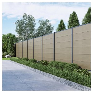T&J WPC-Steckzaun Max XL in Antikbraun mit horizontalen Paneelen, als Sichtschutz im Garten.