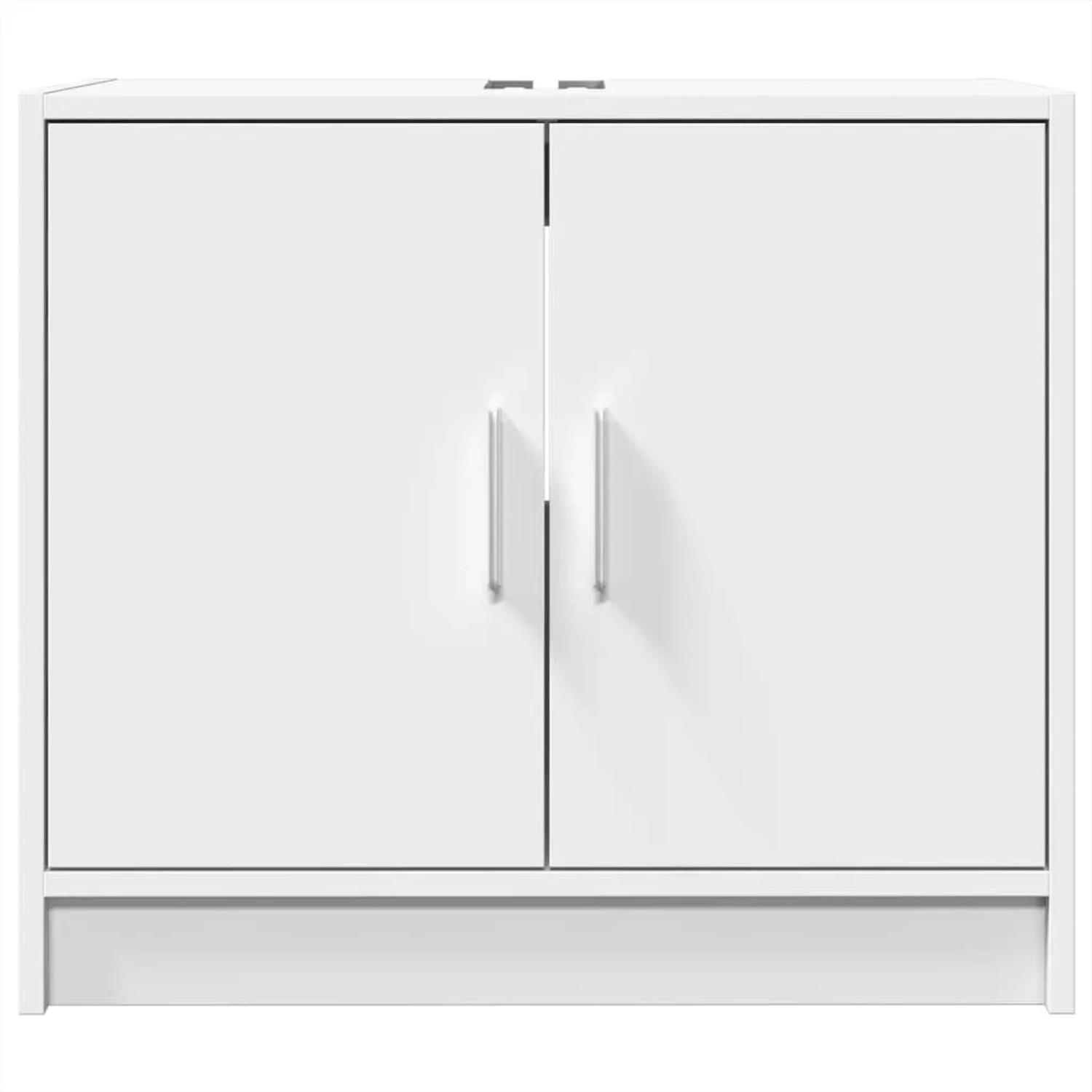 Weißer Waschbeckenunterschrank (63x29x55 cm) mit zwei Türen für Badmöbel-Sets.