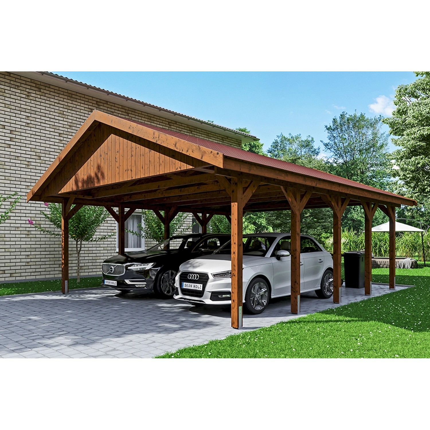 Satteldach-Carport Wallgau Nussbaum 620 x 750 cm rote Schindeln