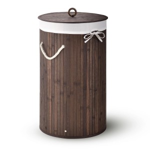 Runder, brauner Juskys Bambus Wäschekorb mit Deckel, Wäschesack und Tragegriffen.