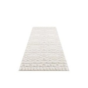 payé Teppich Nara-3382, Hochflor, 80x300 cm, Pastell-Creme mit Boho-Rautenmuster.