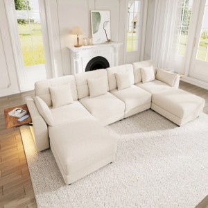 Beiges U-förmiges Merax Ecksofa aus Chenille mit Waffelstruktur, modularem Design, Kissen und integriertem Holz-Beistelltisch.