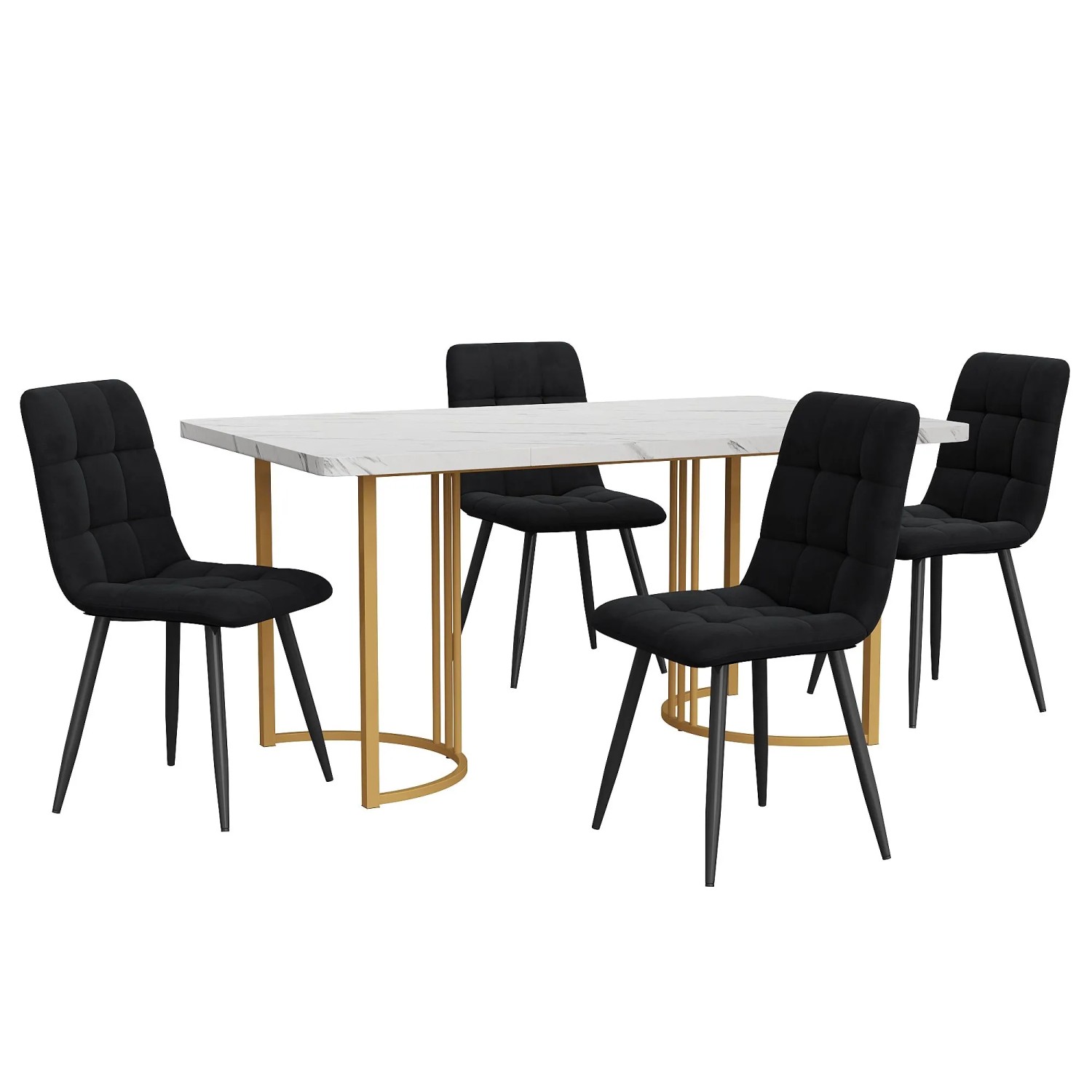 Merax Essgruppe 5-tlg mit 140x80cm Esstisch  4 Samtstühle Schwarz  MDF Weiß  Goldbeine