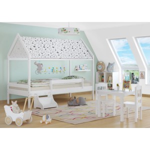 Erst-Holz Weißes Himmelbett 90 x 200 cm Kiefer und Fallschutz Hausbett mit Dach Modell 58 ohne Zubehör