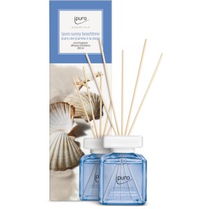 ipuro Raumduft Essentials Sunny Beachtime 200ml mit Duftstäbchen und Verpackung mit Strandmotiv.