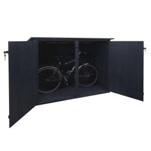 Offene, abschließbare, anthrazitfarbene Proregal Fahrradgarage aus Holz mit Fahrrad im Inneren.