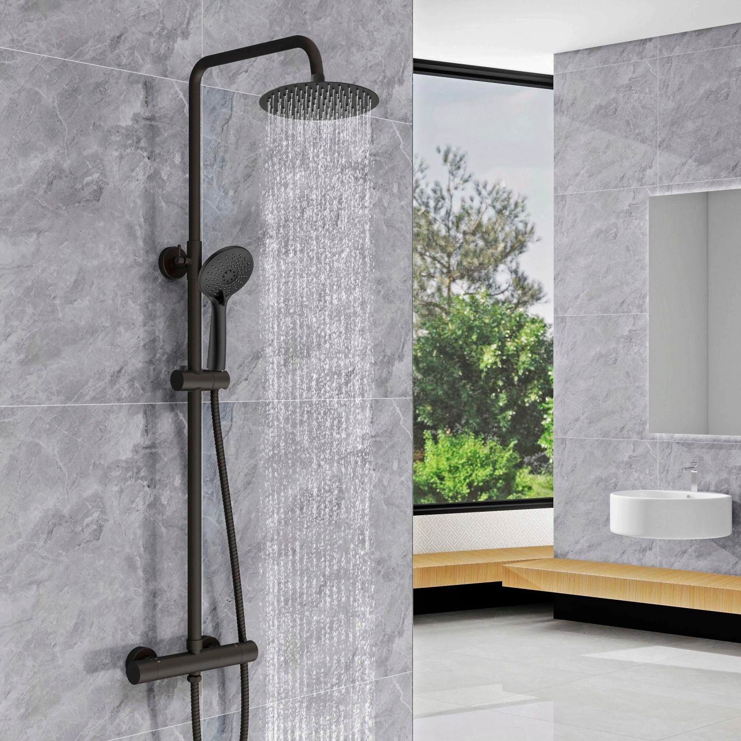 Schwarze AICA Thermostat Duscharmatur mit runder Regendusche und Handbrause im modernen Bad.
