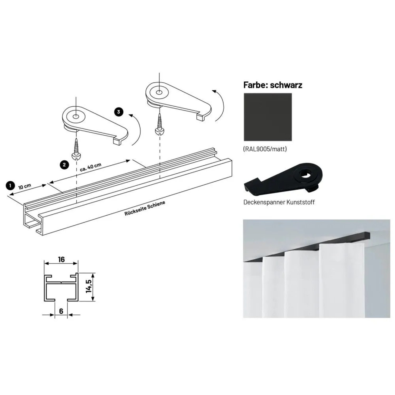 Deco-Raum Gardinenschiene nach Maß 1-Lauf Square Schwarz 250cm