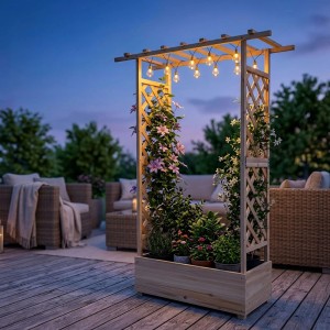 Eleganter Blumenkasten aus Tannenholz mit Rankgitter und Dach, beleuchtet mit Lichterkette, für Terrasse und Garten.
