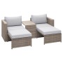 5-teiliges Balkonmöbel-Set Olea Mini aus Polyrattan in Hellgrau mit Auflagen und Kissen.