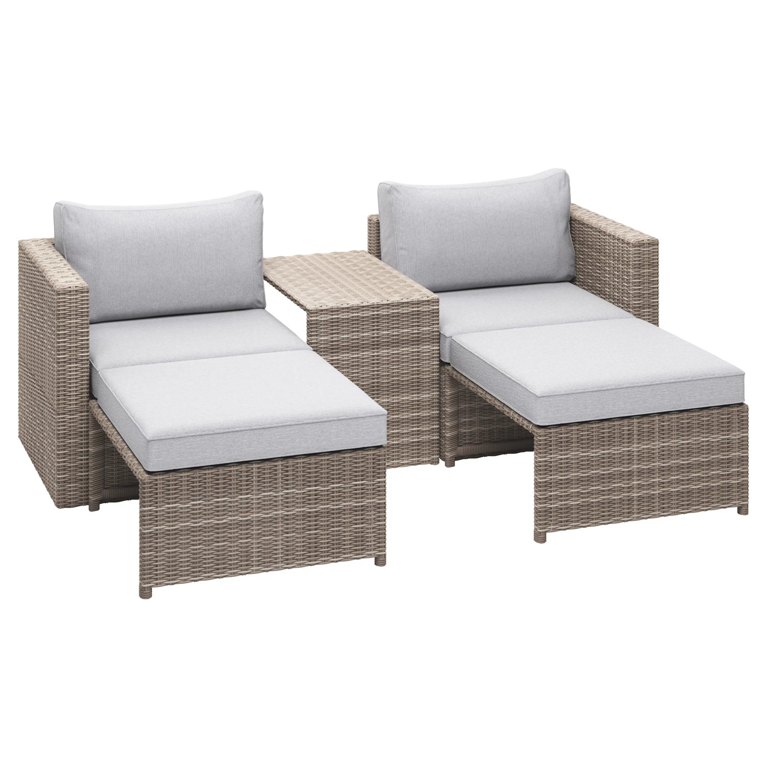 5-teiliges Balkonmöbel-Set Olea Mini aus Polyrattan in Hellgrau mit Auflagen und Kissen.