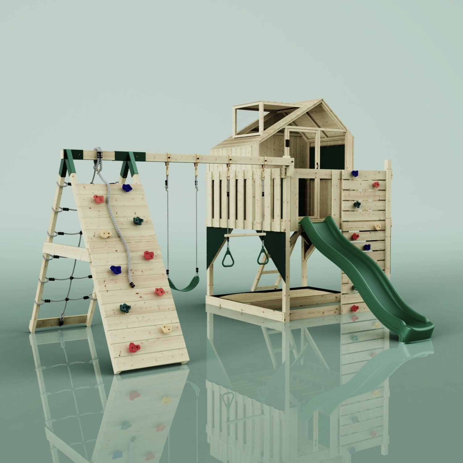 OutdoorToys Spielturm Oscar mit Rutsche, Kletterwand und Trapezschaukel in Dunkelgrün.
