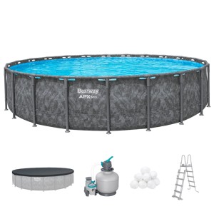 Bestway APX365 Stahlrahmen Pool Set mit Sandfilteranlage, Leiter, Abdeckplane und Filterbällen.