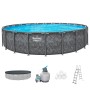 Bestway APX365 Stahlrahmen Pool Set mit Sandfilteranlage, Leiter, Abdeckplane und Filterbällen.