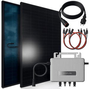 SUNNIVA Balkonkraftwerk 920W mit bifazialen Solarmodulen, Wechselrichter und Kabel für die Stromerzeugung.