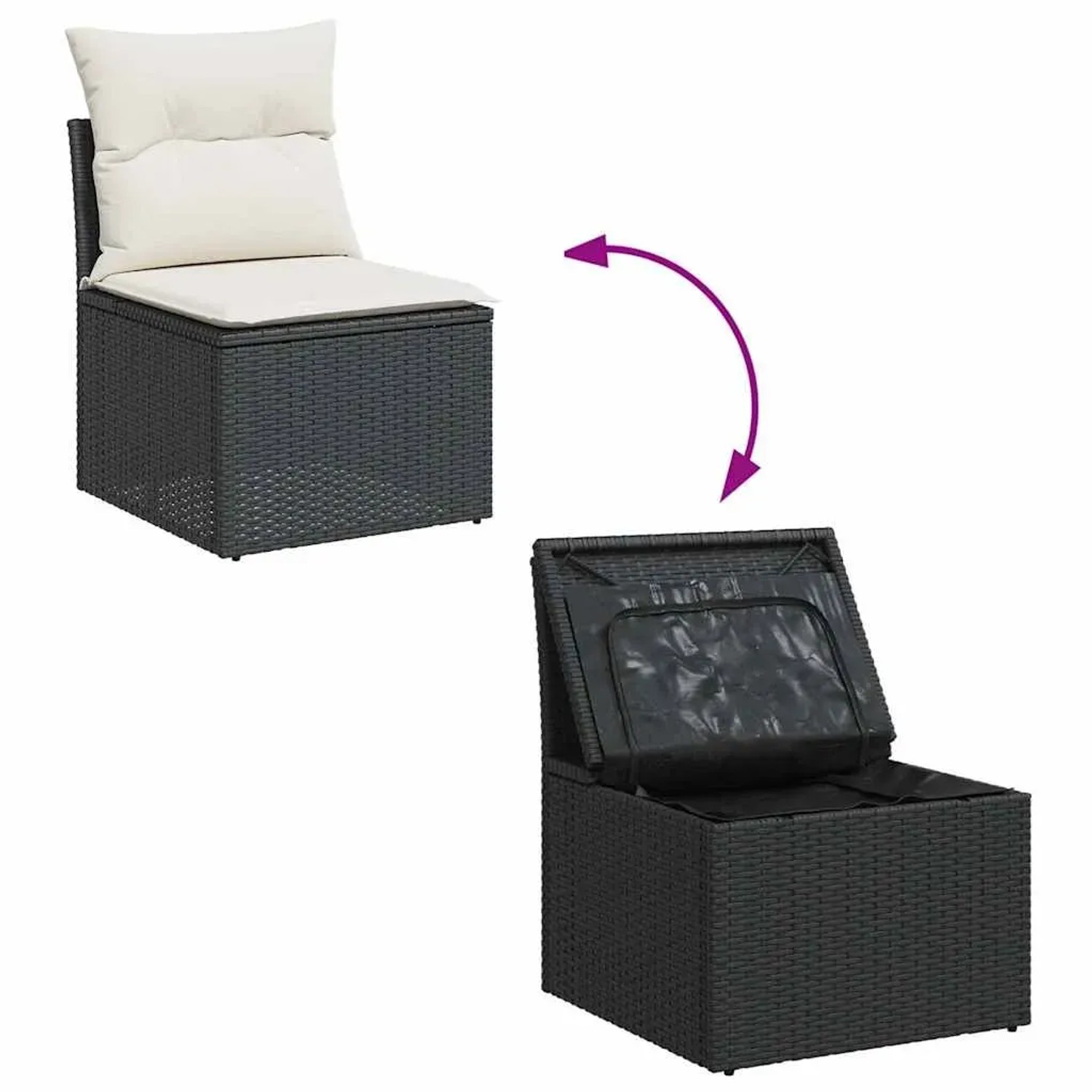 vidaXL Garten-Sofagarnitur, 6-teilig, schwarz, Poly Rattan, mit Stauraum und Kissen.