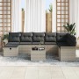Hellgraues 9-teiliges vidaXL Garten-Sofa-Set aus Poly Rattan mit Kissen und Tisch.