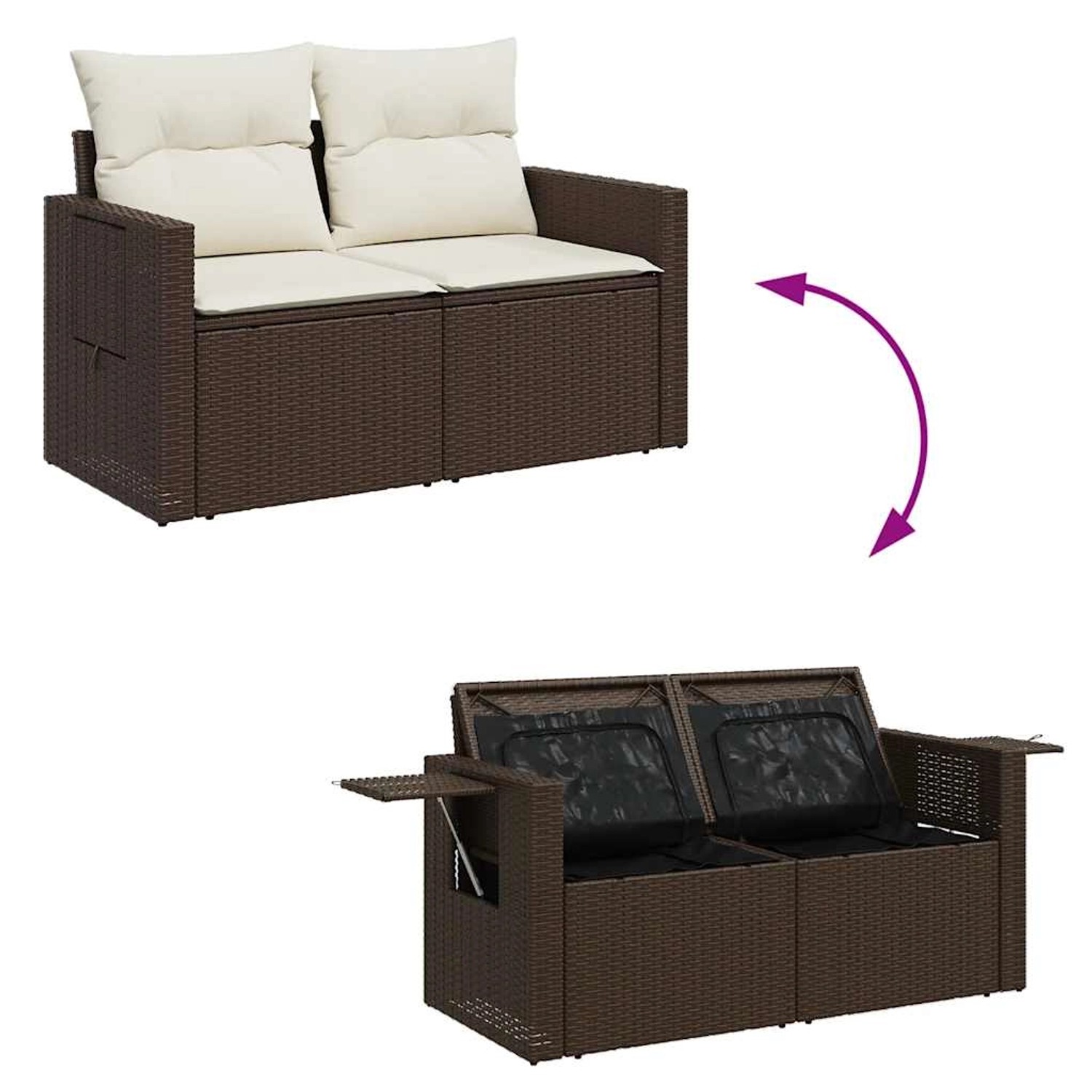 Braune 6-tlg. vidaXL Garten-Sofagarnitur aus Rattan mit Kissen und Stauraum.