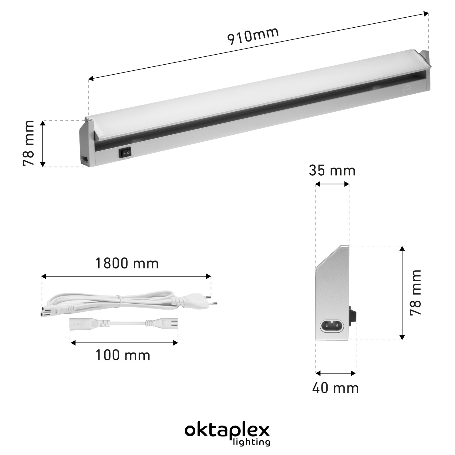 Oktaplex LED Unterbauleuchte 3er Set, schwenkbar, 90cm, Aluminium, warmweiß, mit Maßangaben.