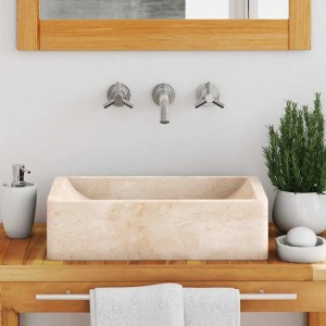 Rechteckiges vidaXL Marmor-Waschbecken in Hochglanz-Creme auf Holzplatte im modernen Bad.