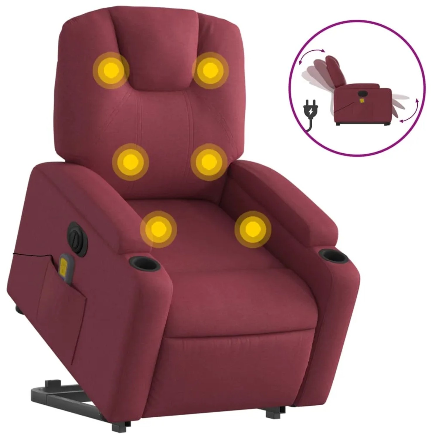Elektrischer Massagesessel mit Aufstehhilfe, weinrot, Stoff, mit Getränkehaltern und Massagepunkten.