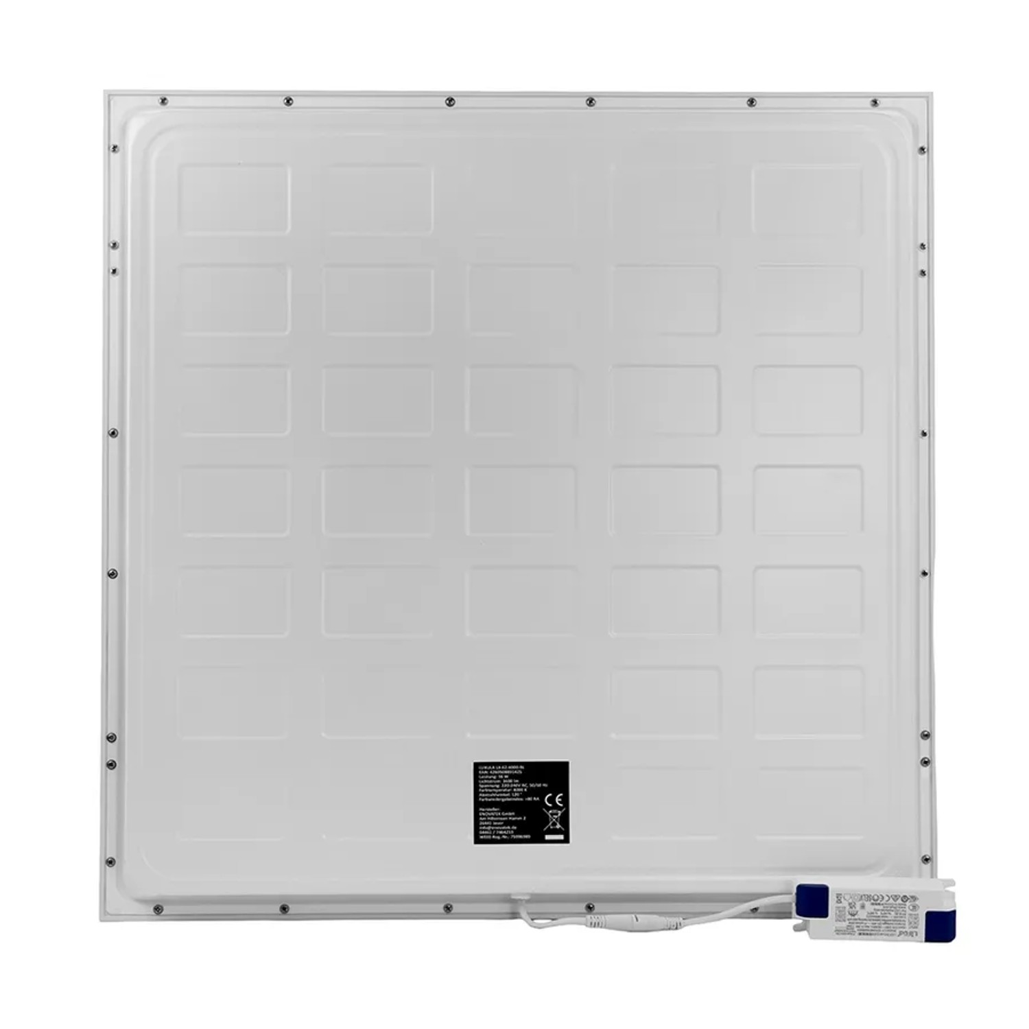 Rückansicht des weißen LUXULA LED Panels 62x62 cm mit Netzteil. Eine 36W Deckenleuchte für Büro-Rasterdecken.