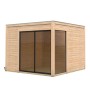 Modernes Karibu Gartenhaus Kubus 1 aus Holz mit großen Fensterflächen.