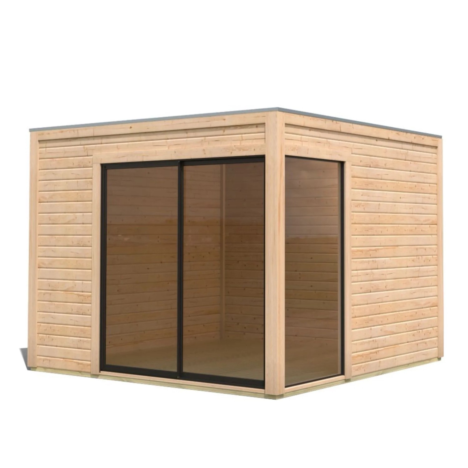 Modernes Karibu Gartenhaus Kubus 1 aus Holz mit großen Fensterflächen.