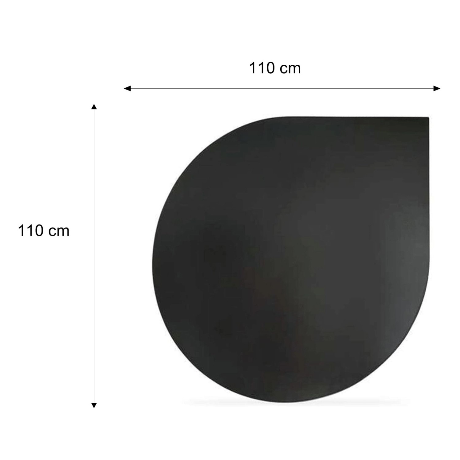 Schwarze Valo Stahlbodenplatte in Tropfenform, 110x110 cm, für Kaminöfen.