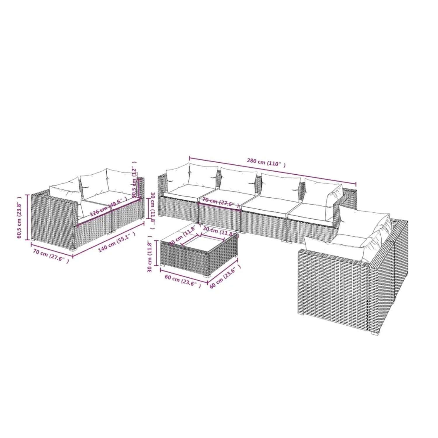Graues 9-tlg. vidaXL Garten Lounge Set aus Rattan mit Kissen und Tisch. Gartenmöbel für Terrasse und Garten.