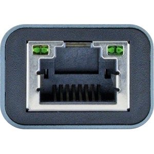 Nahaufnahme des RJ45-Ports eines Schwaiger USB-C Netzwerkadapters, zeigt den Anschluss mit zwei grünen LEDs.