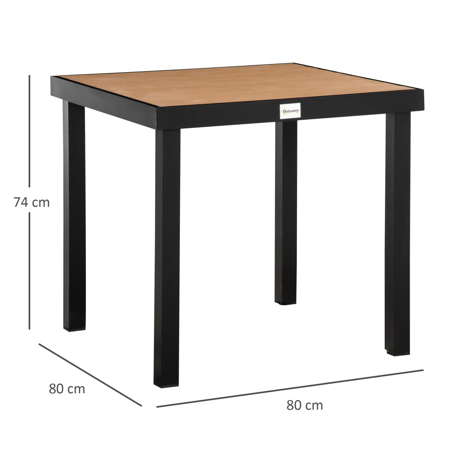 Quadratischer Outsunny Gartentisch für 4 Personen mit Holzoptik und schwarzem Gestell.