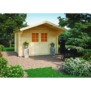 Unbehandeltes Kiehn-Holz Gartenhaus KH 44-005 (300x250 cm) im Garten.