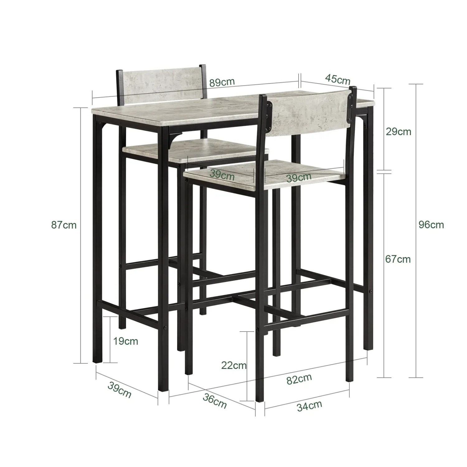 SoBuy Bartisch Set OGT03-HG mit 2 Barhockern, Holz/Metall, grau und schwarz.
